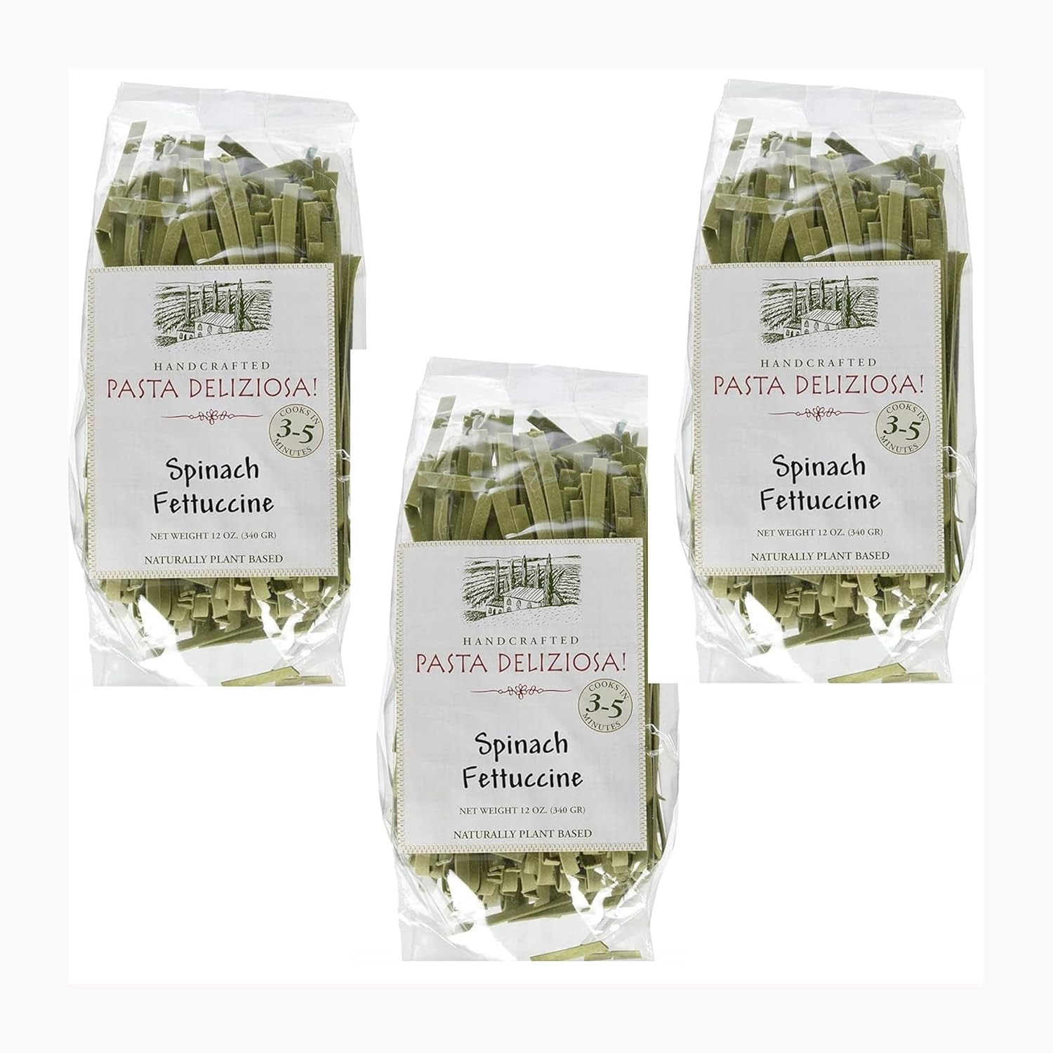 Handcrafted Pasta, Spinach Fettucine, 12 Ounce – 3 Pack