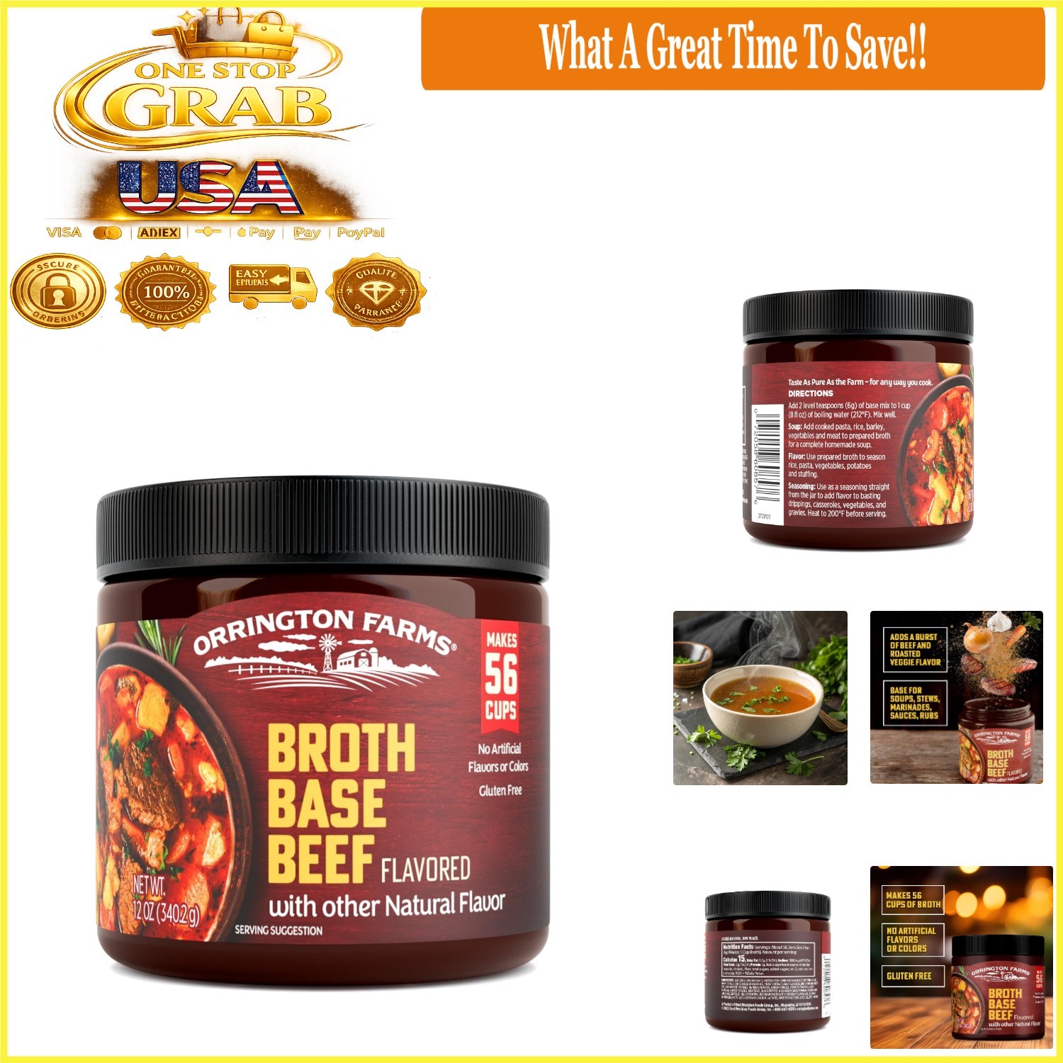 Beef Flavored Broth Base 12oz Jar Gluten Free Seasoning Powder