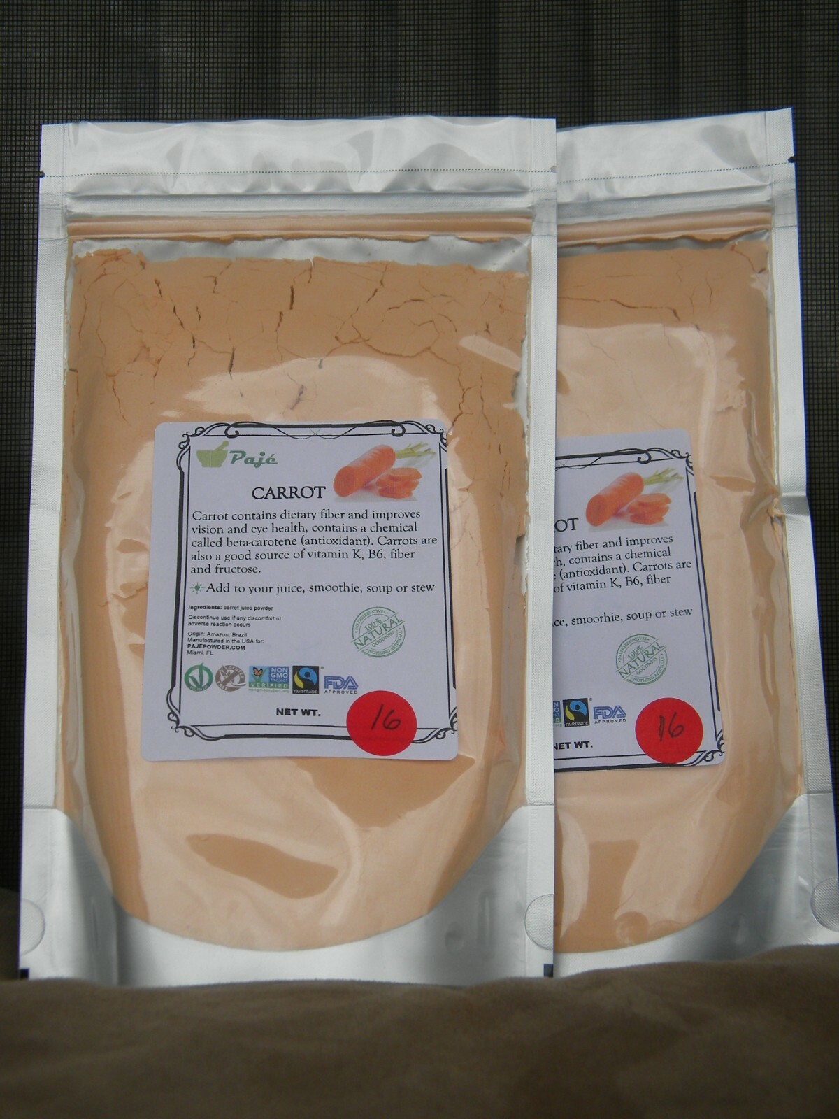 CARROT powder 8oz 1/2 lb , beta-carot, Brazil Produce, gluten free, nonGMO PAJE