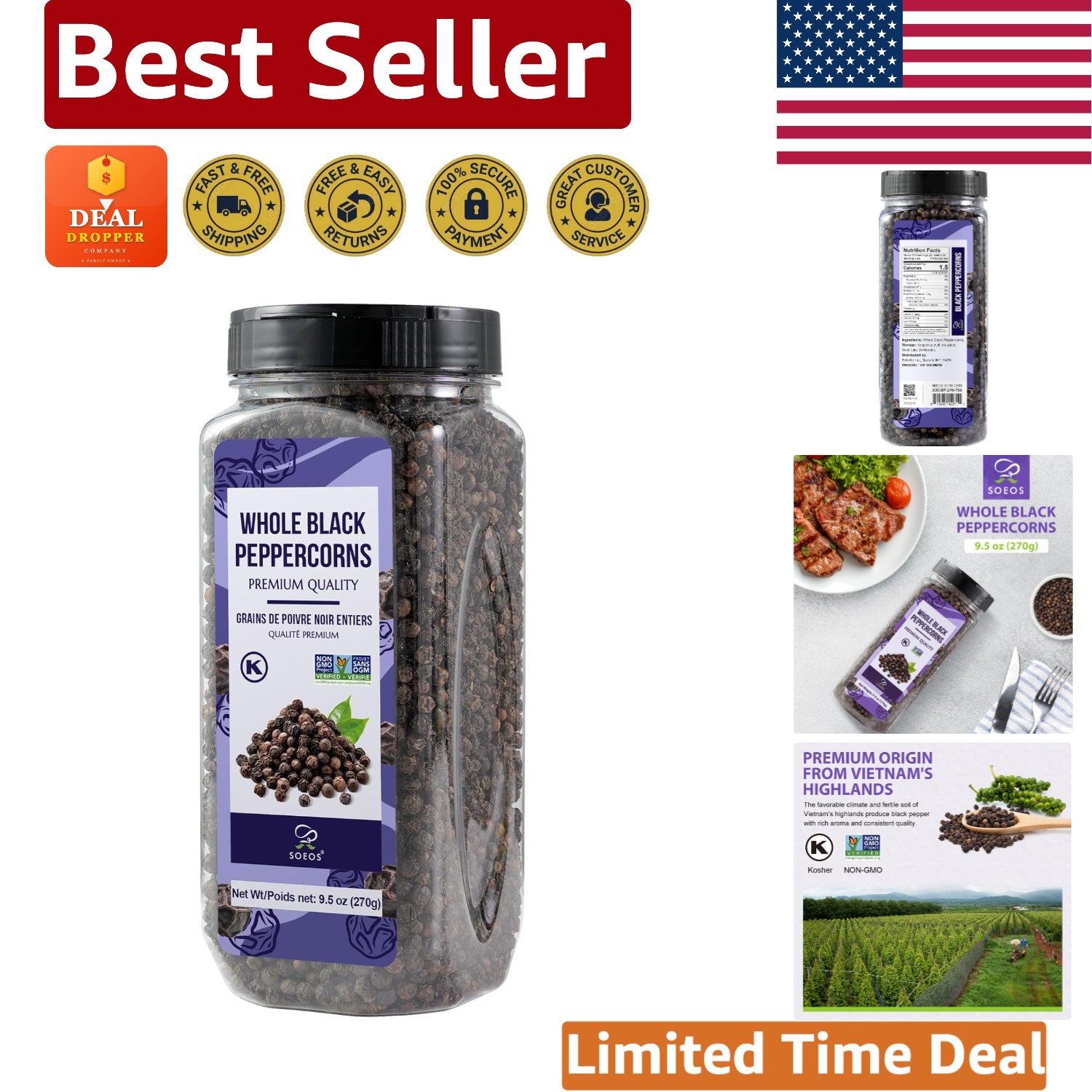 Kosher Certified Whole Black Pepper, 9.5 Ounce – Enhance Your Culinary Creations