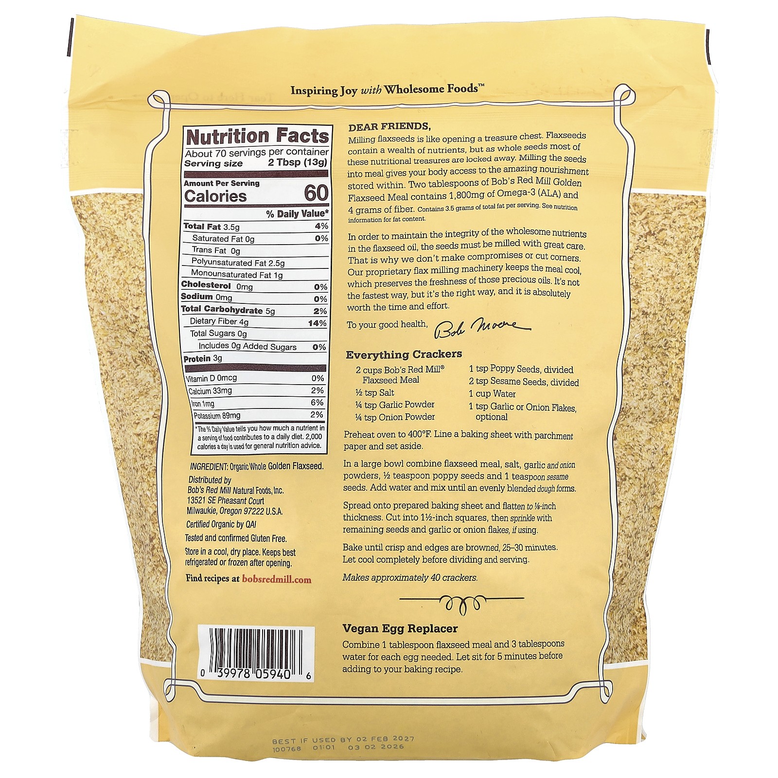 Bob s Red Mill Organic Golden Flaxseed Meal 32 oz 907 g Gluten-Free, Kosher,