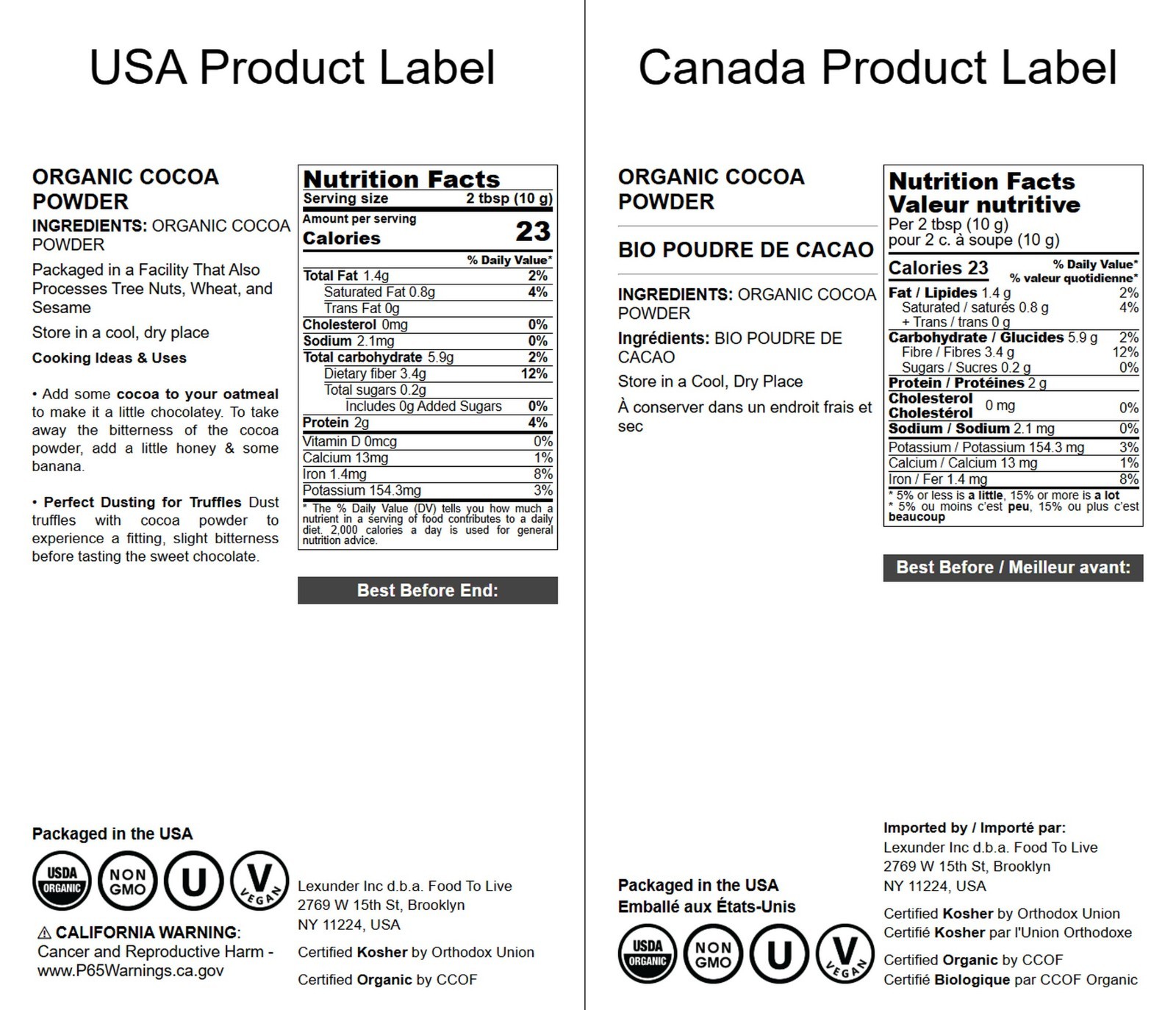 Organic Cocoa Powder – Non-GMO, Kosher, Vegan – by Food To Live