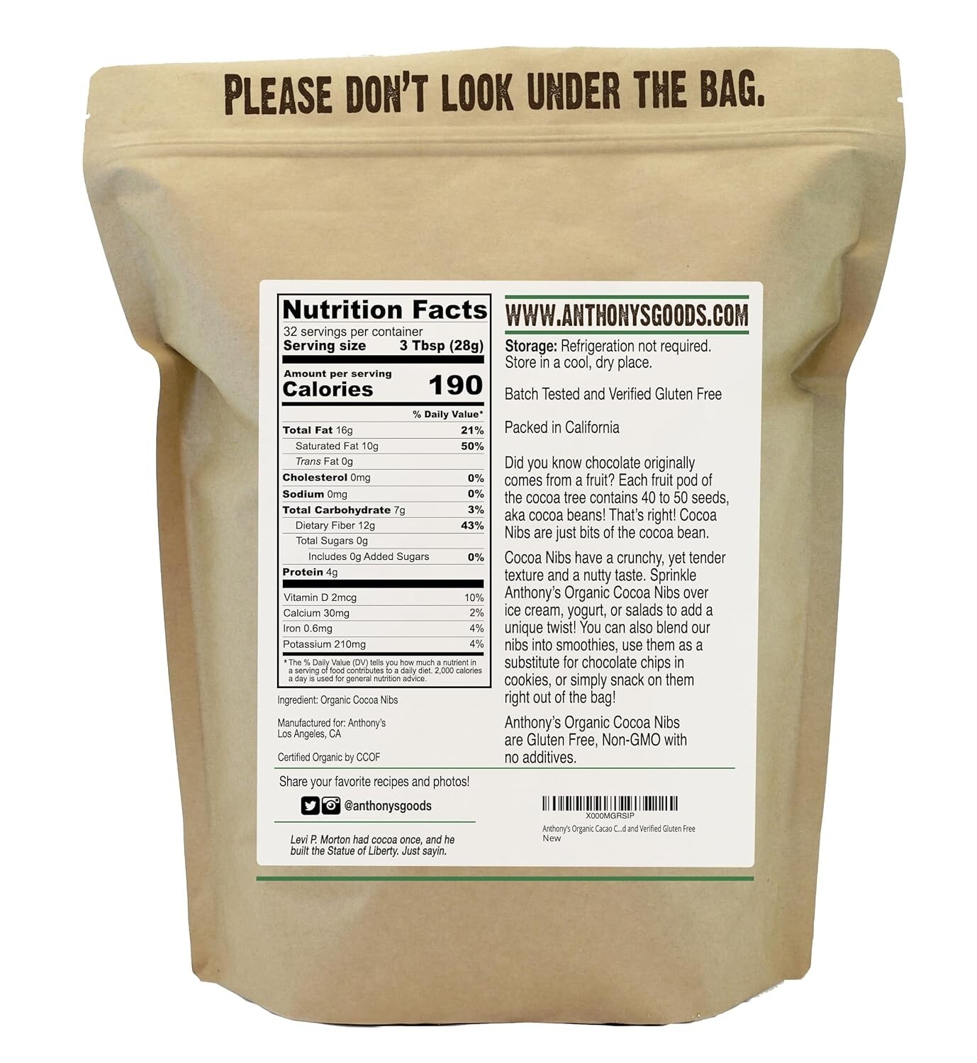 Organic Cacao Cocoa Nibs, 2 lb, Batch Tested and Verified Gluten Free