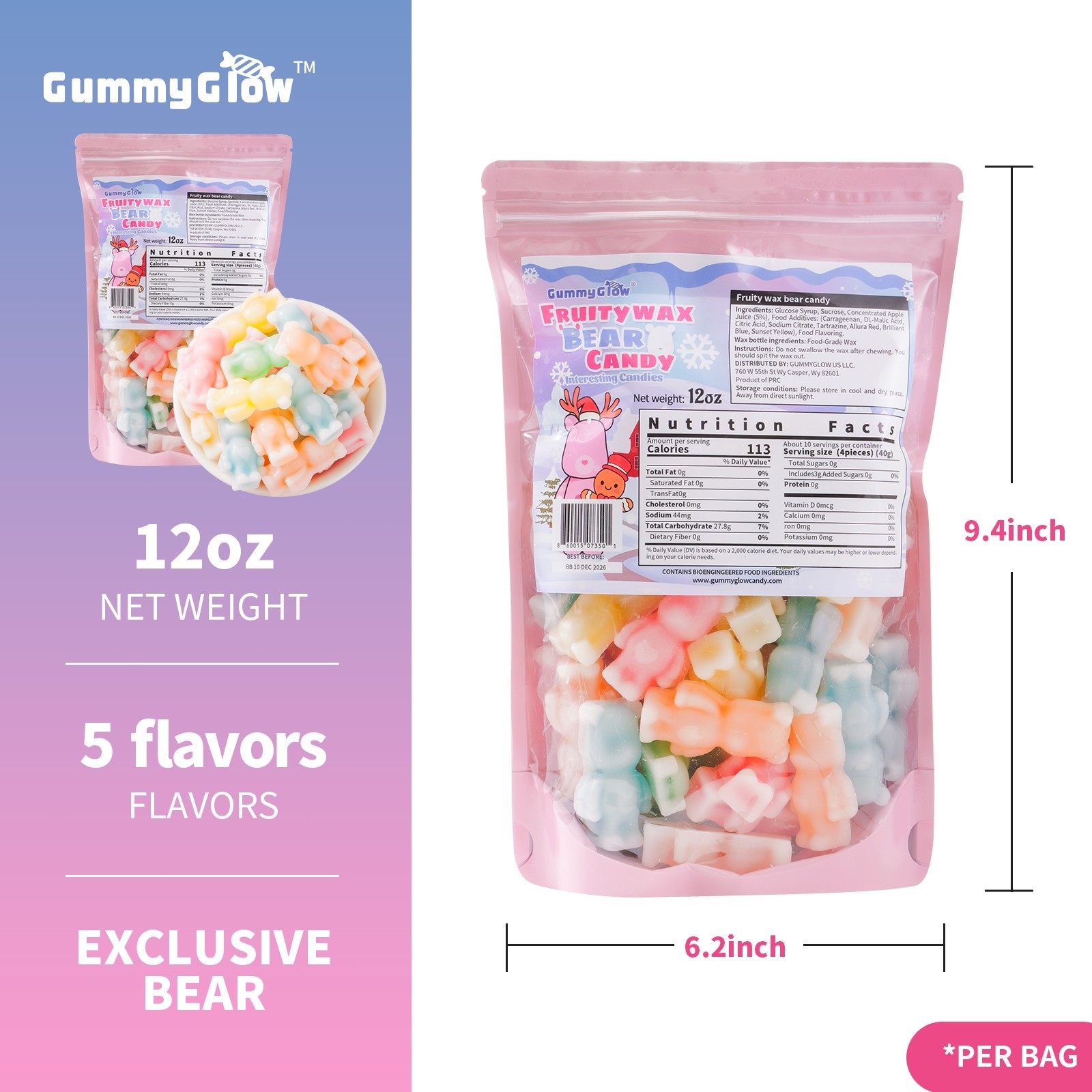 GummyGlow Bear Wax Candy 0.75lb, 5 Flavor Fruity candy for ASMR, Party, snacking