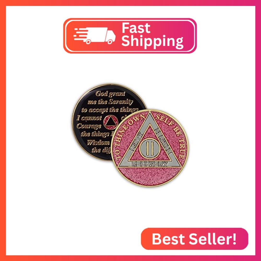 2 Year Sobriety Coin | Glitter Triplate AA Chip Recovery Anniversary Token (Pink
