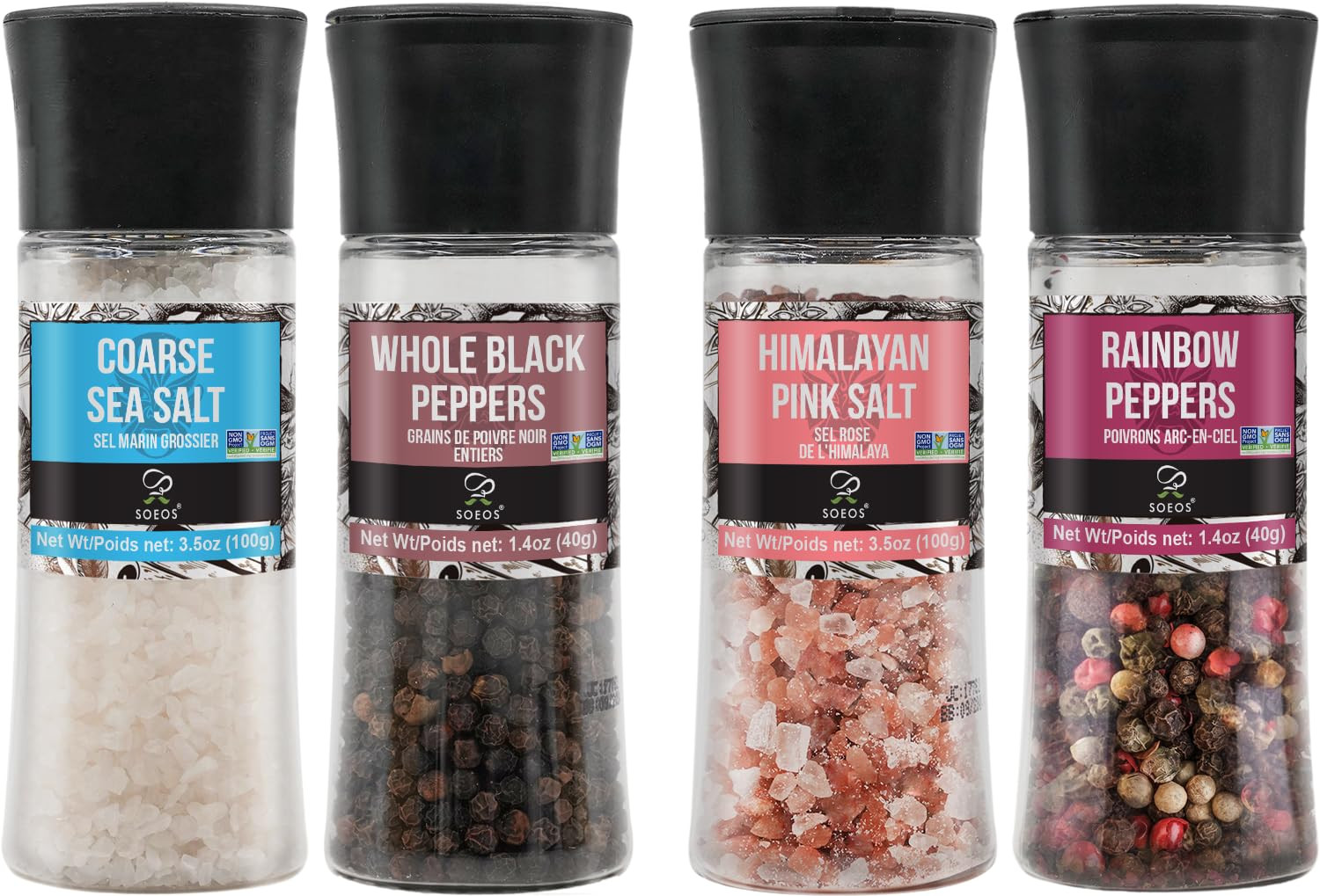 Spice Seasoning Set of 4, 9.8Oz(277.82G), with Integrated Grinders, Salt and Pep