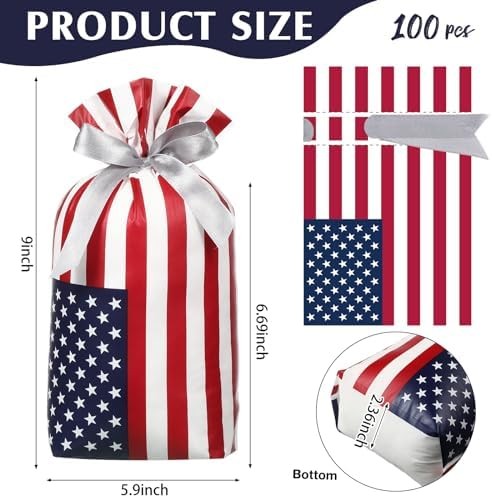 Clysee 100 Pcs Patriotic Gift Bags Bulk with Drawstring 4th of July Plastic Amer