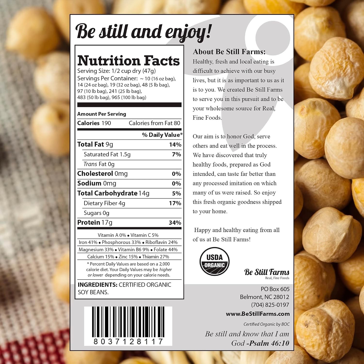Be Still Farms Organic Soybeans – Soy Beans Dry (2.8 lb) aka Soya Nuts