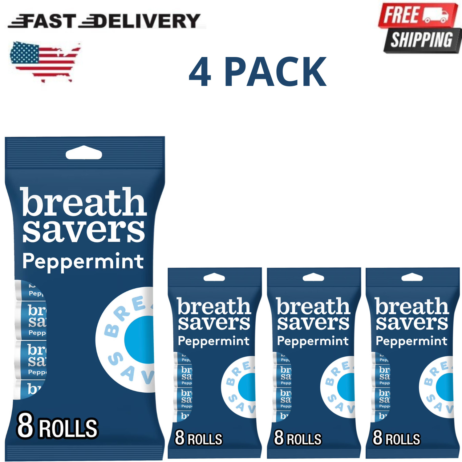 Breath Savers Peppermint Sugar Free Breath Mints Rolls 8 Count 0.75oz, 4 Pack