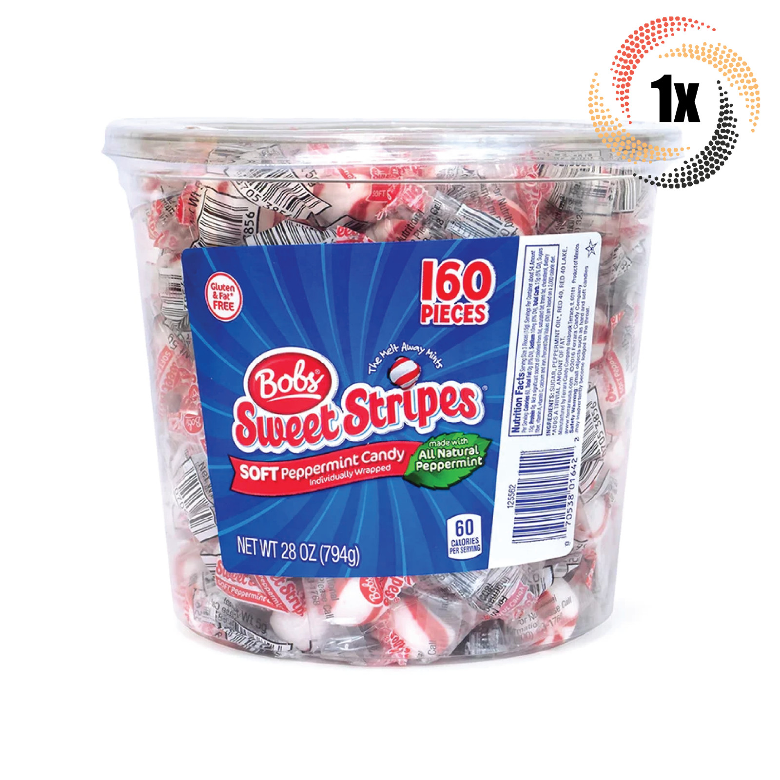 1x Jar Bob’s Sweet Stripes Soft Peppermint Candy | 160 Pieces Per Jar | 2LB