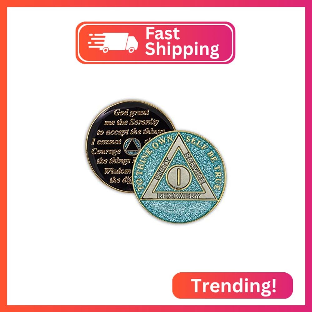 1 Year Sobriety Coin | Glitter Triplate AA Chip Recovery Anniversary Token (Blue