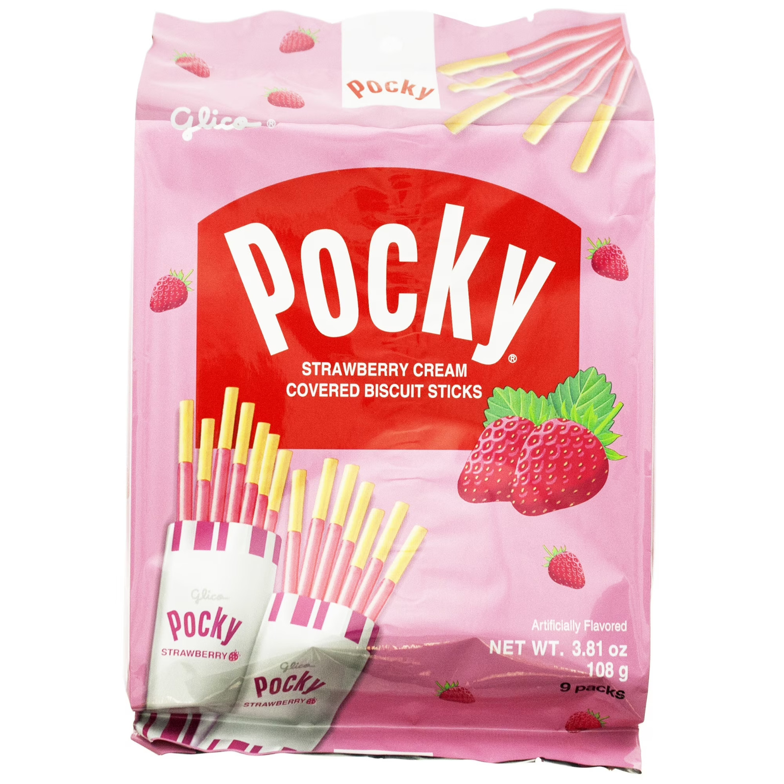 Glico Strawberry Cream Covered Biscuit Sticks, 3.81 Oz, 9 Count