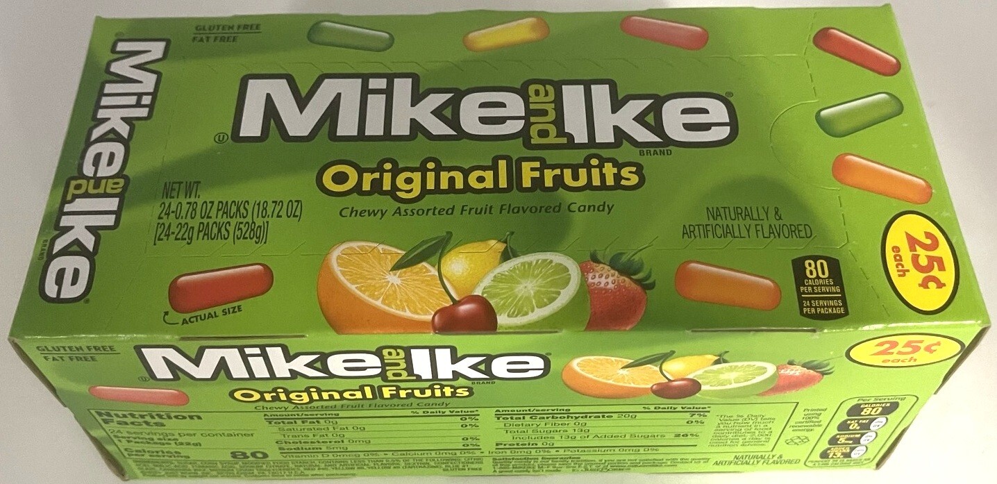 Mike and Ike Original Fruits Flavored Chewy Candy Box 24 Ct Packs Bulk Candies