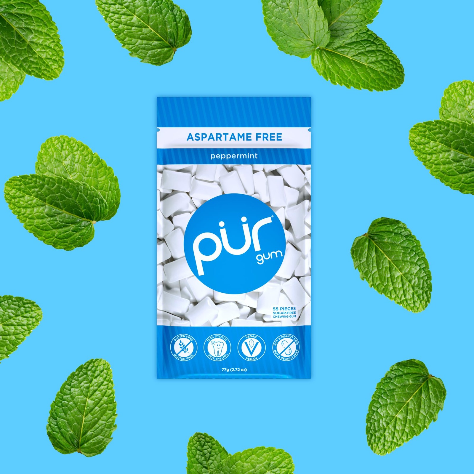 PUR Gum | Aspartame Free Chewing Gum | 100% Xylitol | Peppermint, 55 Ct (3 Pack)