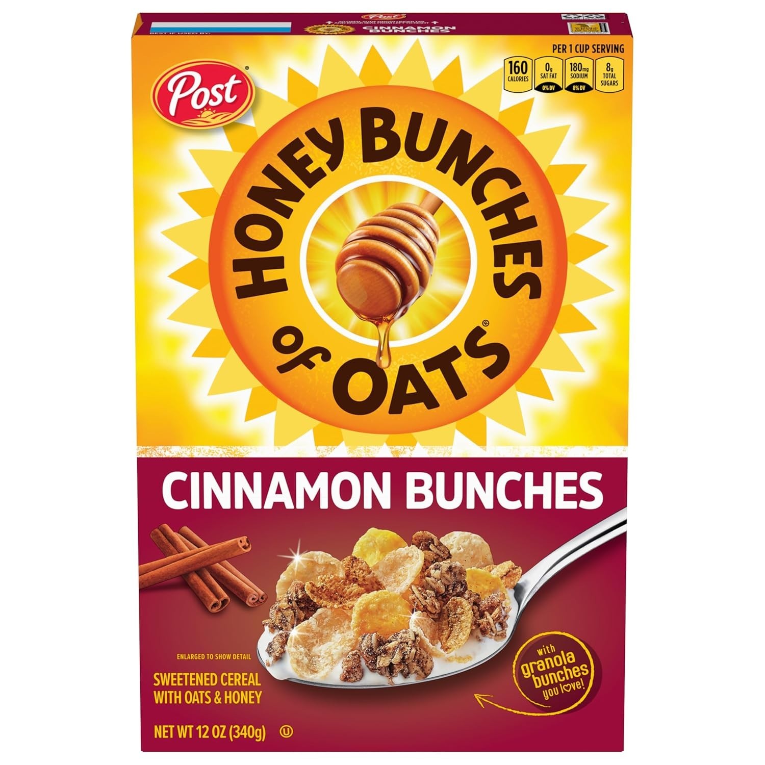 Honey Bunches of Oats Cinnamon Cereal, Breakfast Cereal with Oats 12 oz Box