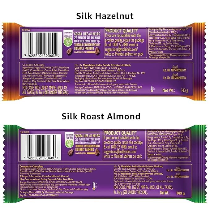 Cadbury Dairy Milk Silk Hazelnut 143G & Silk Roast Almond 143G (Pack of 2) each