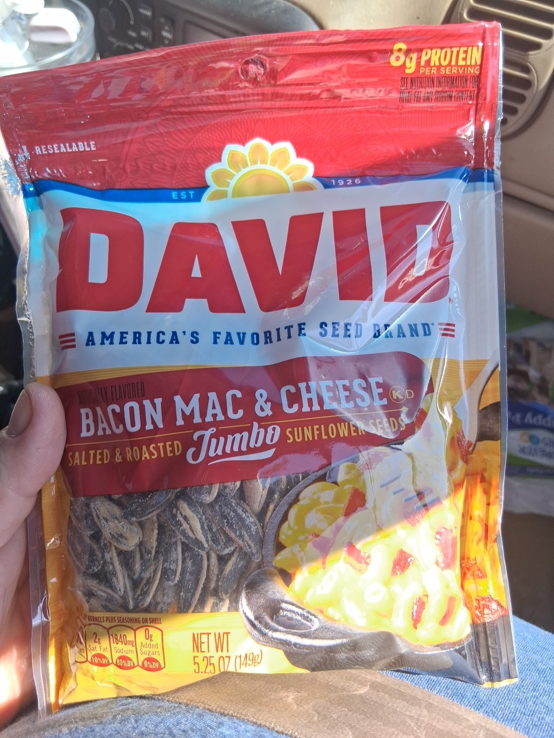 DAVID Jumbo Sunflower Seeds, Bacon Mac and Cheese Flavor, 5.25 oz. 12x Jan2026