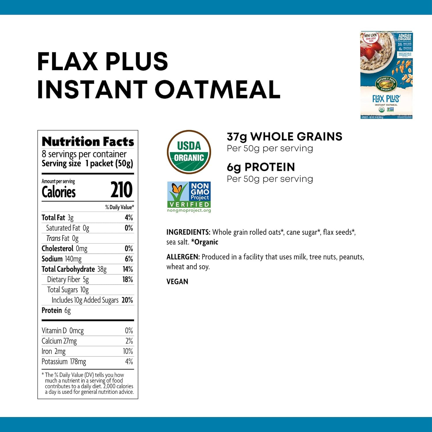 Nature’S Path Organic Flax plus Instant Oatmeal, 32 Packets, Non-Gmo, 37G Whole