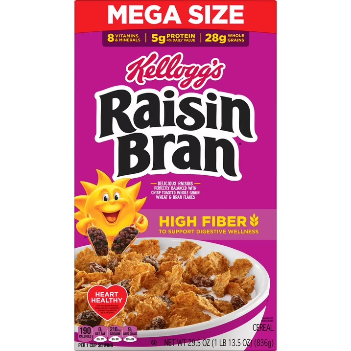 Kellogg’s Raisin Bran Breakfast Cereal, High Fiber, 28g Whole Grain, Mega Size