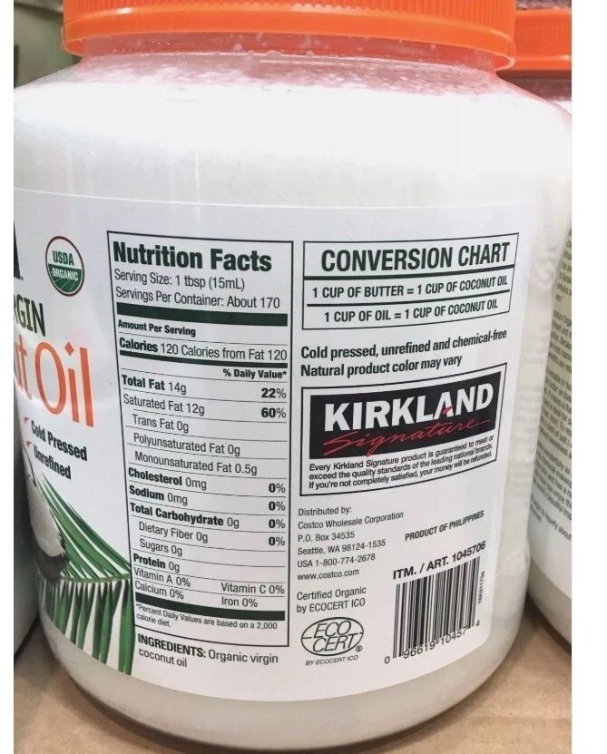 2 x Kirkland Organic Virgin Coconut Oil Cold Pressed Unrefined 2.48L (84 FL OZ)
