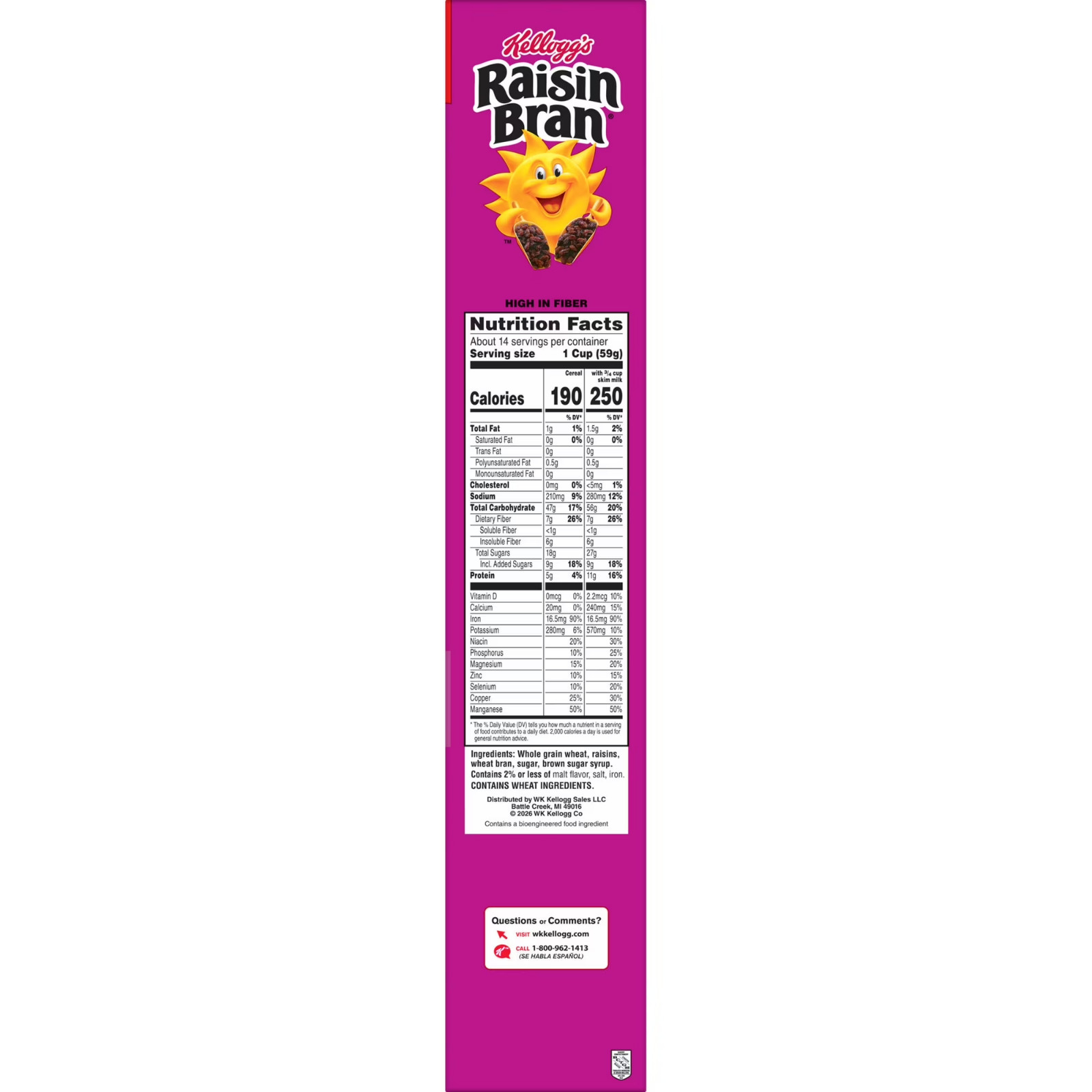 Kellogg’s Raisin Bran Breakfast Cereal, High Fiber, 28g Whole Grain, Mega Size