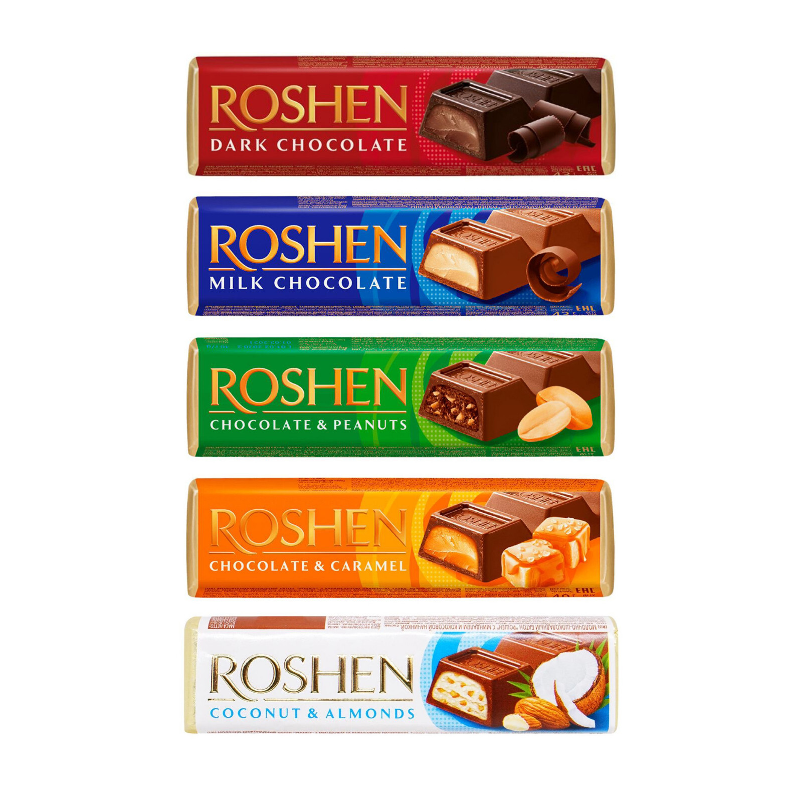Roshen Chocolate Bars 5x 43g Batonchik батончик Dark Milk White Caramel Coconut