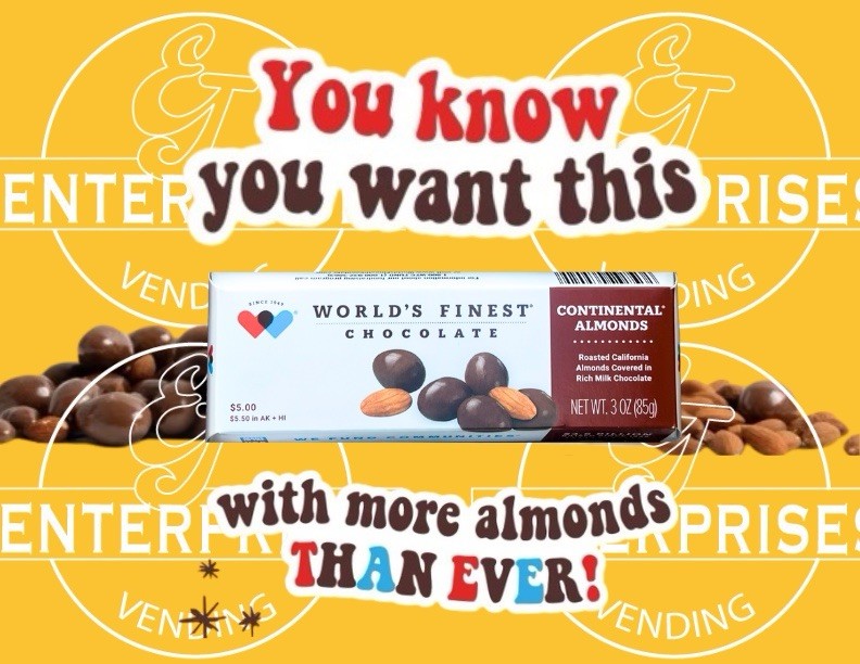 World’s Finest Chocolate***CHOCOLATE COVERED ALMONDS***8 PACK/ $5 (3oz) Boxes
