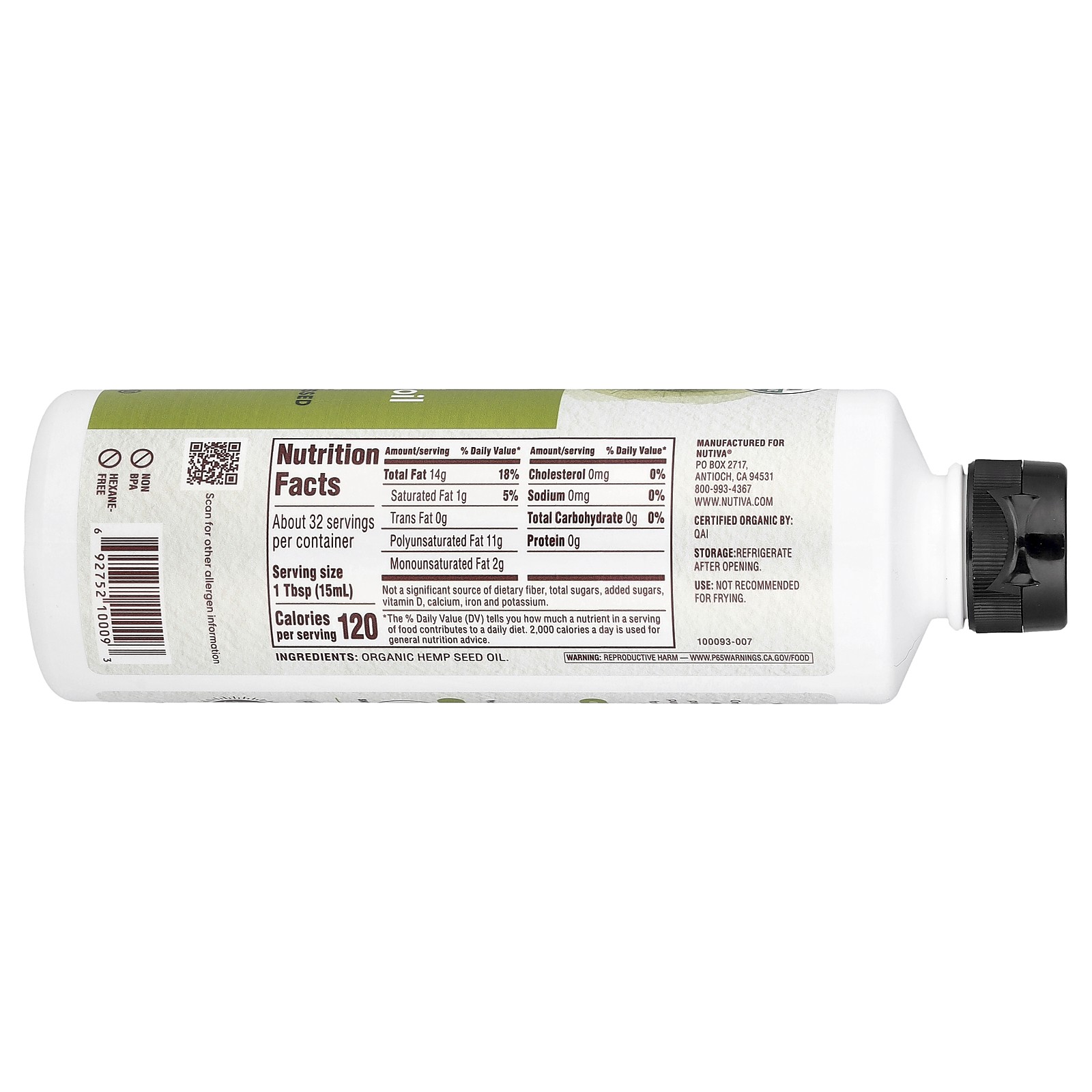 Nutiva Organic Hemp Oil Cold Pressed 16 fl oz 473 ml BPA-Free, Dairy-Free,