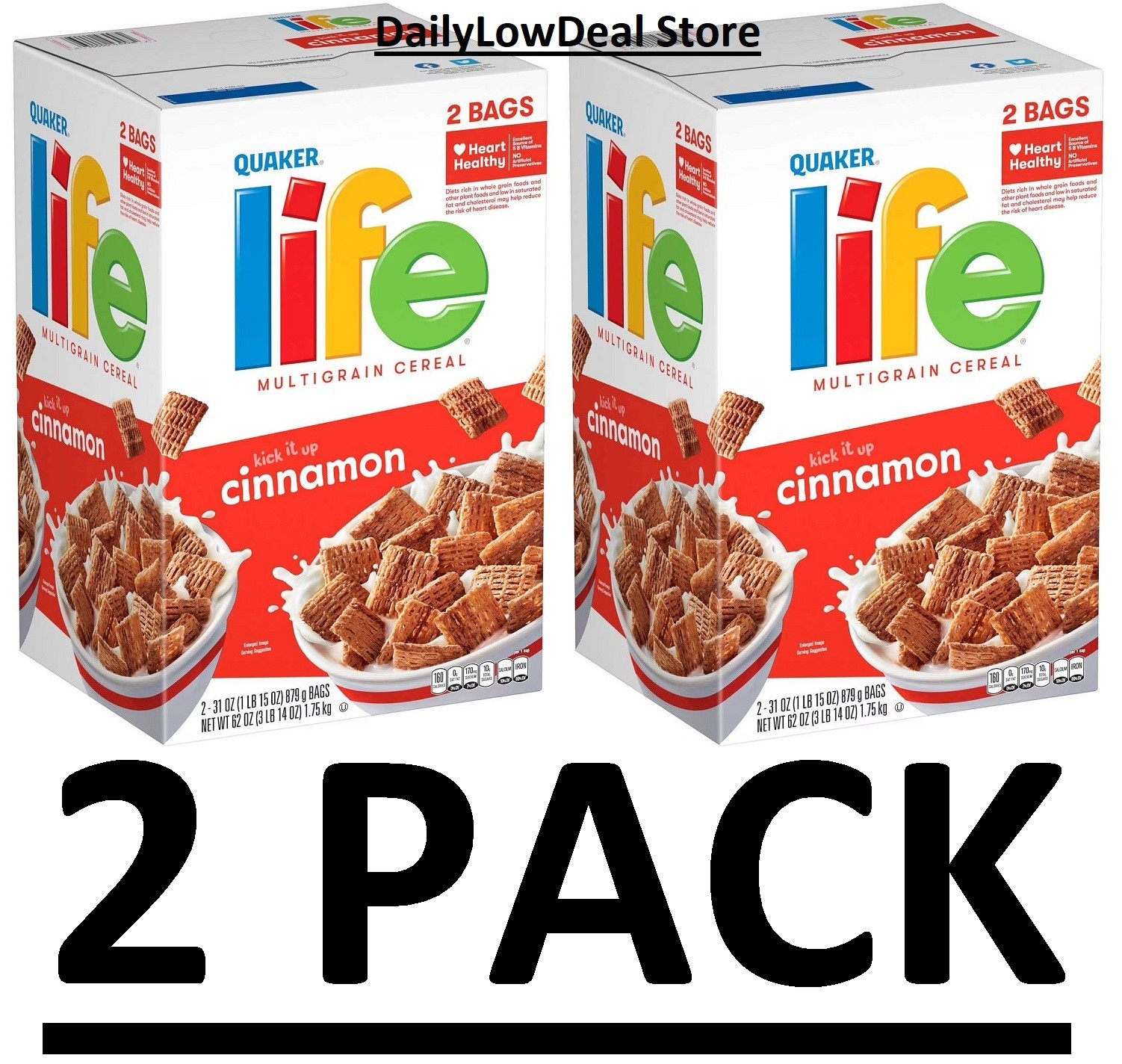 2 PACK -Quaker Cinnamon Life Multigrain Cereal 62 oz Each (Total 7.75 lbs)