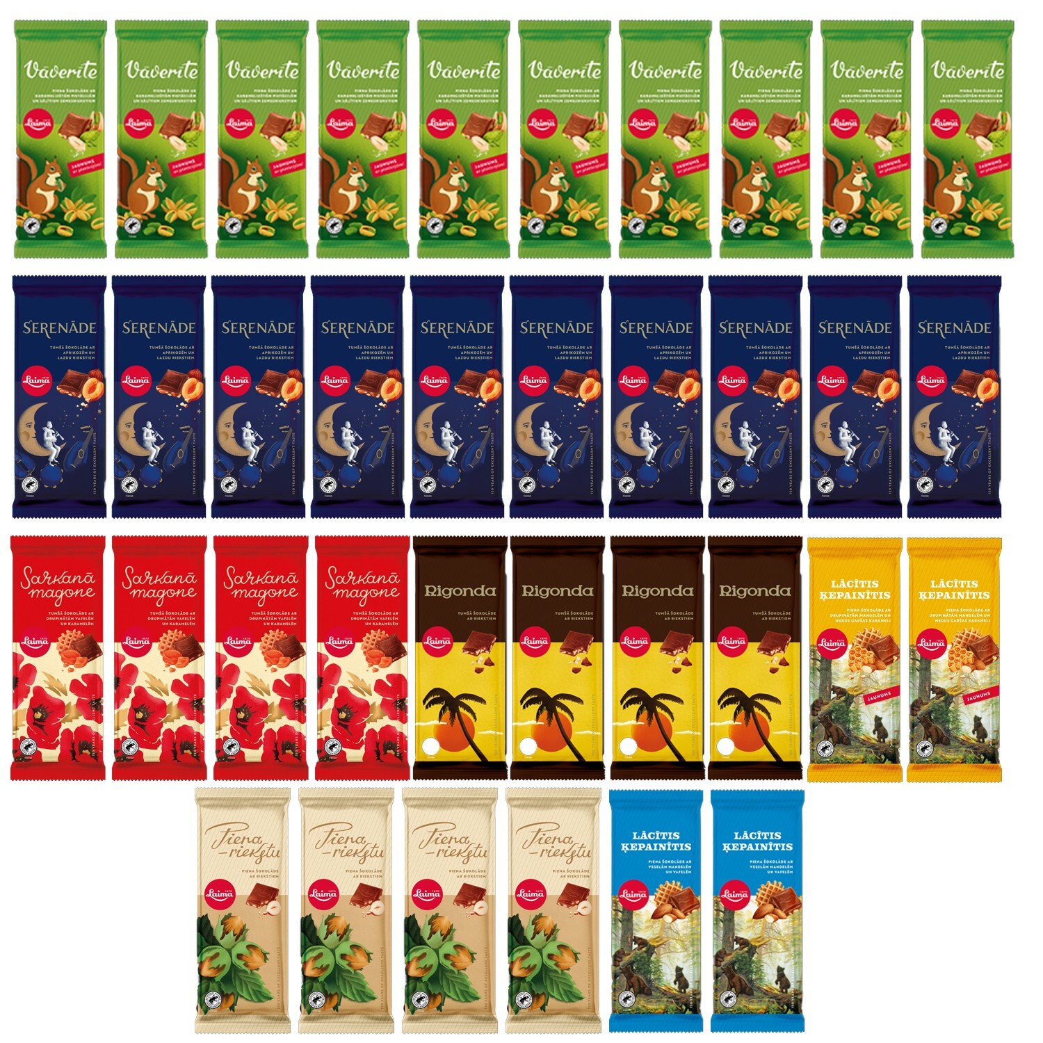 Lot of Laima 36 Chocolate Bars Lacitis Vaverite Serenade Krejuma Dark and Milk