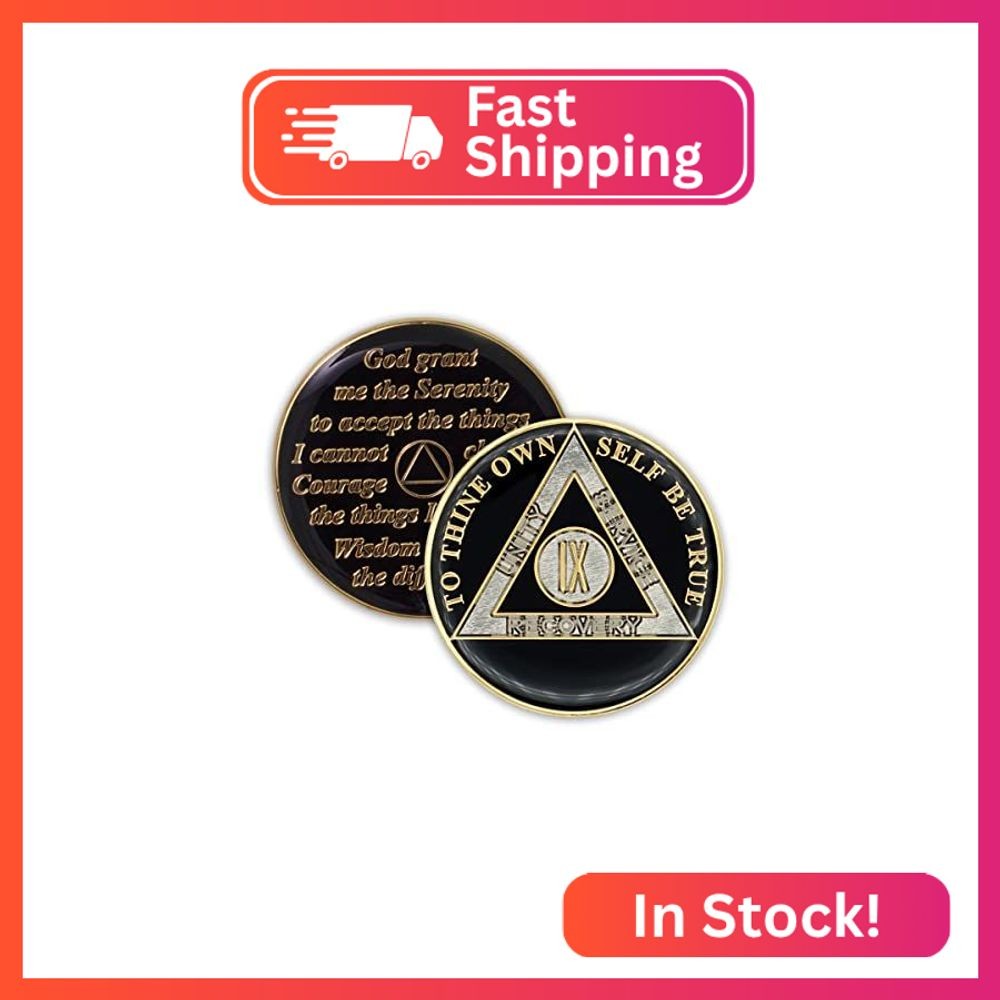 9 Year Sobriety Coin | Triplate AA Chip Recovery Anniversary Token (Black)