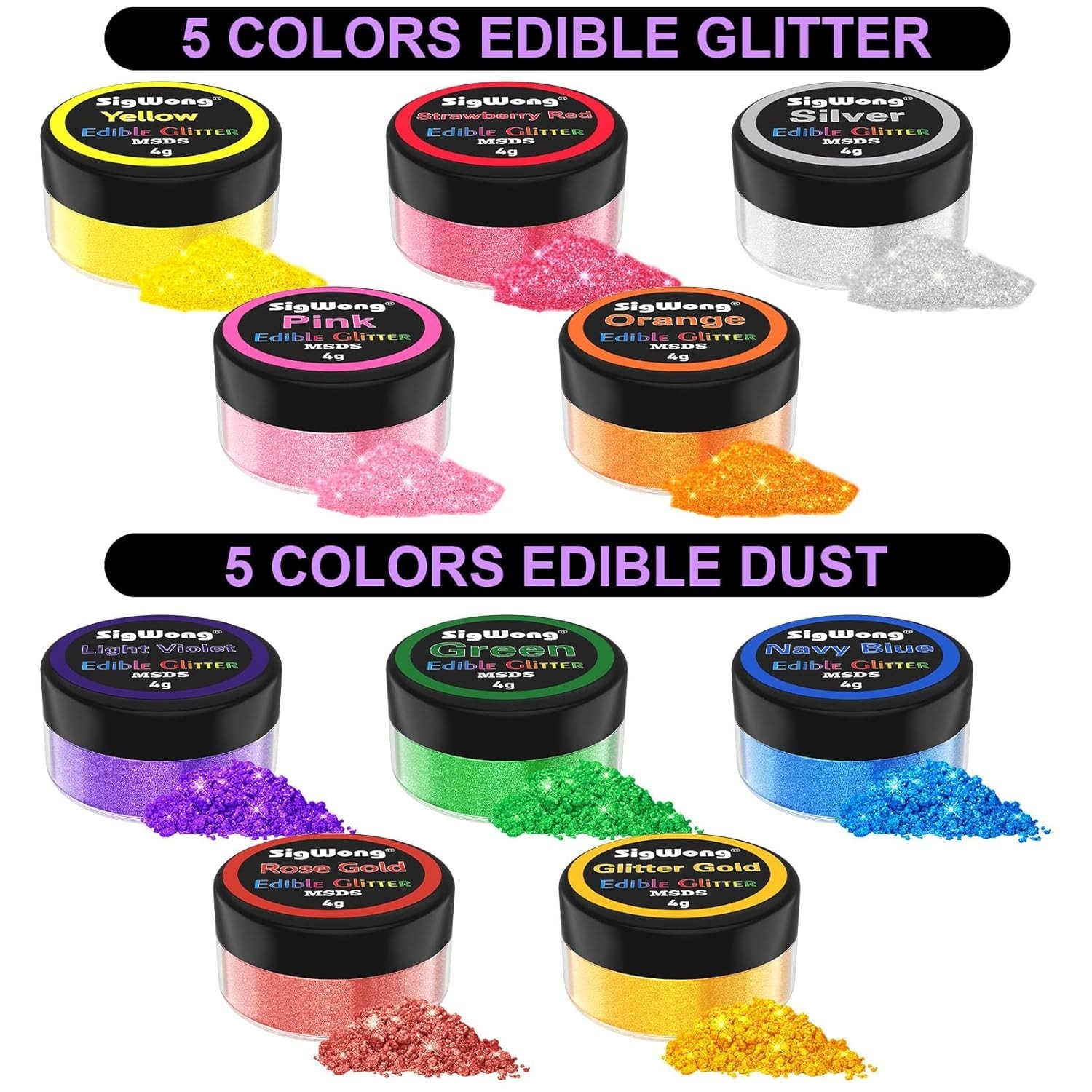 10 Colors Edible Glitter Luster Dust Set, Food Grade Cake & Drink Decorating Dus