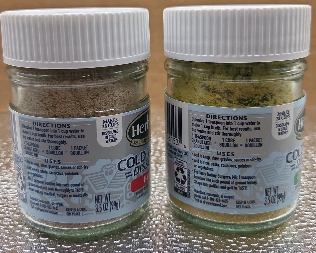 Lot Of 2 Herb Ox Hormel Cold Water Dissolve Beef & Chicken Bouillon 3.5 Oz