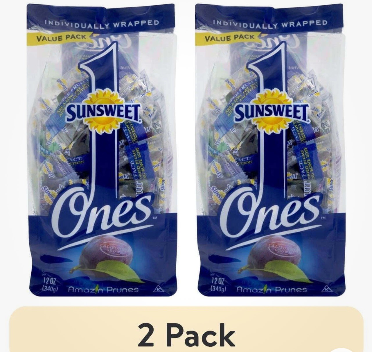(2 pack) Sunsweet Ones Dried Prunes Value Pack, 12 oz, Individually Wrapped