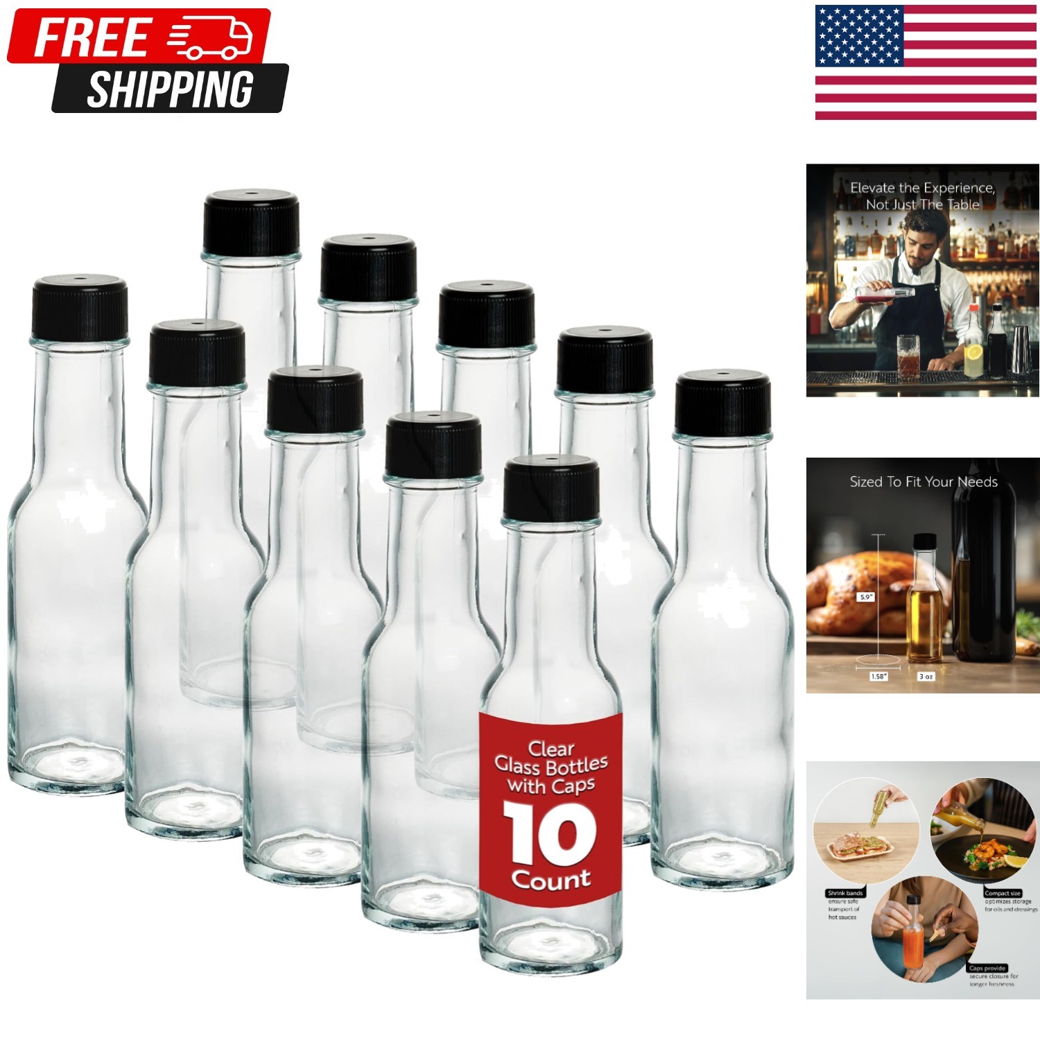 Dishwasher Safe 3oz Glass Bottles Set – 10 Clear Containers for Sauces & Oils