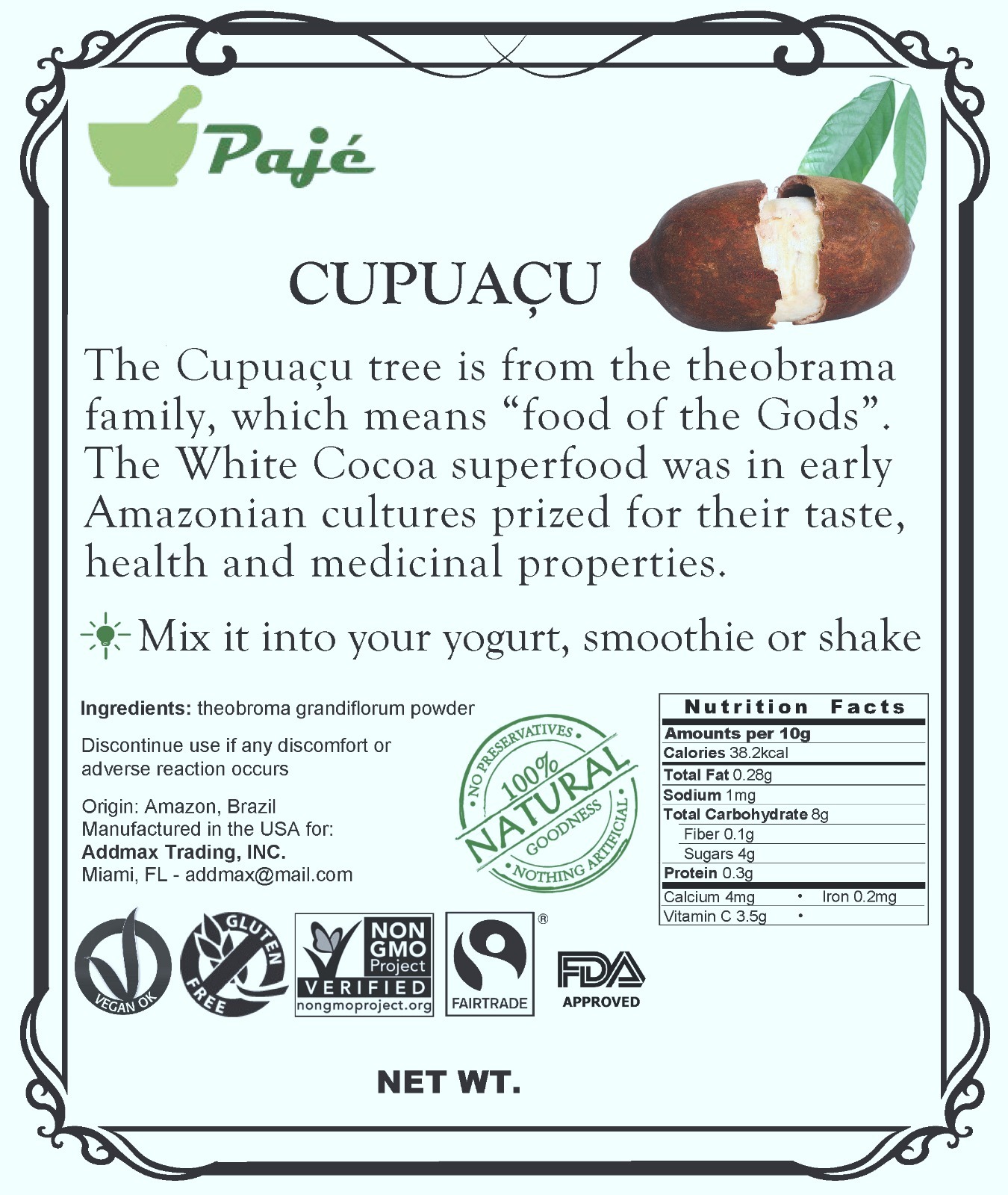 CUPUACU freeze dried fruit powder 64oz 4lb PAJE Superfoods, anti-aging