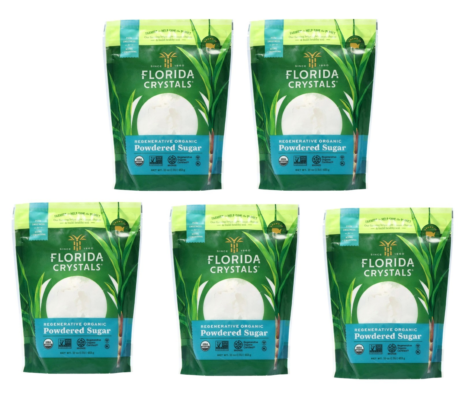 5 Pack Florida Crystals Regenerative Organic Powdered Sugar Size 16 oz Bags