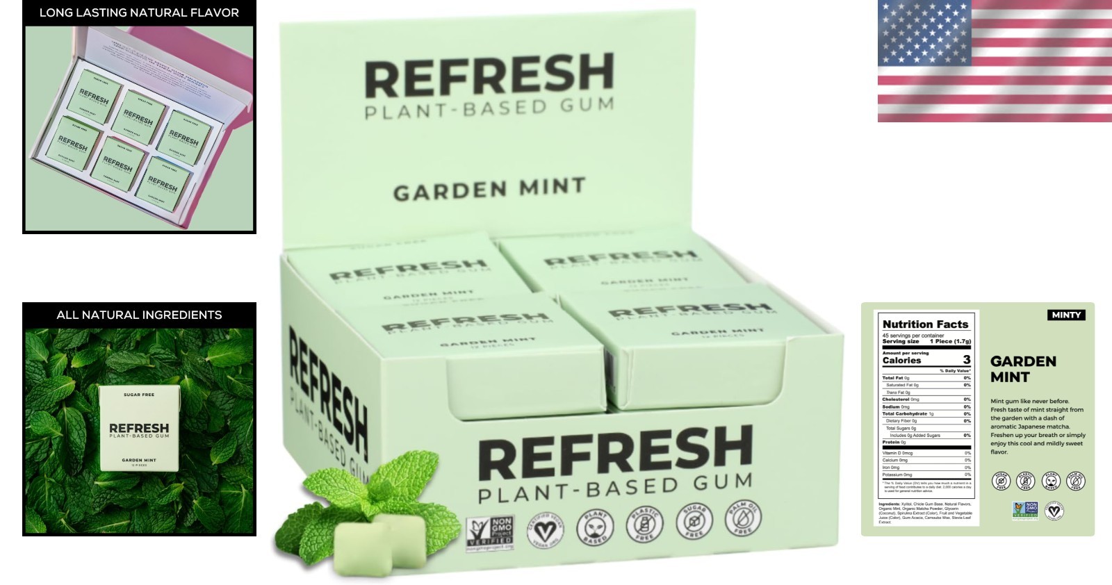 144 Count Refresh Natural Gum, Plastic-Free, Low Calorie Garden Mint Flavor