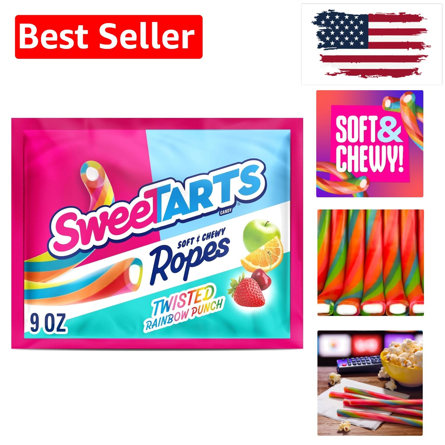 Ropes, Candy, Twisted Rainbow Punch, Soft and Chewy, 9 oz