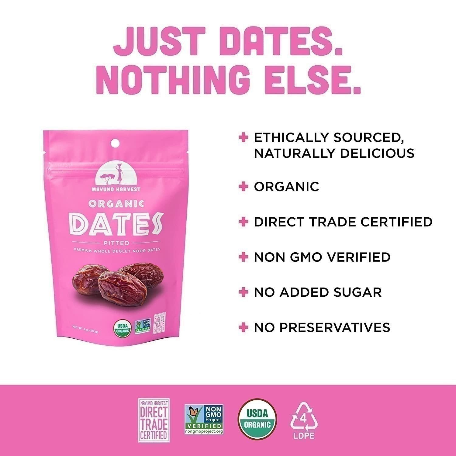 Mavuno Harvest Direct Trade Organic Dried Fruit, Dates, 4 Ounce (Pack of 6)