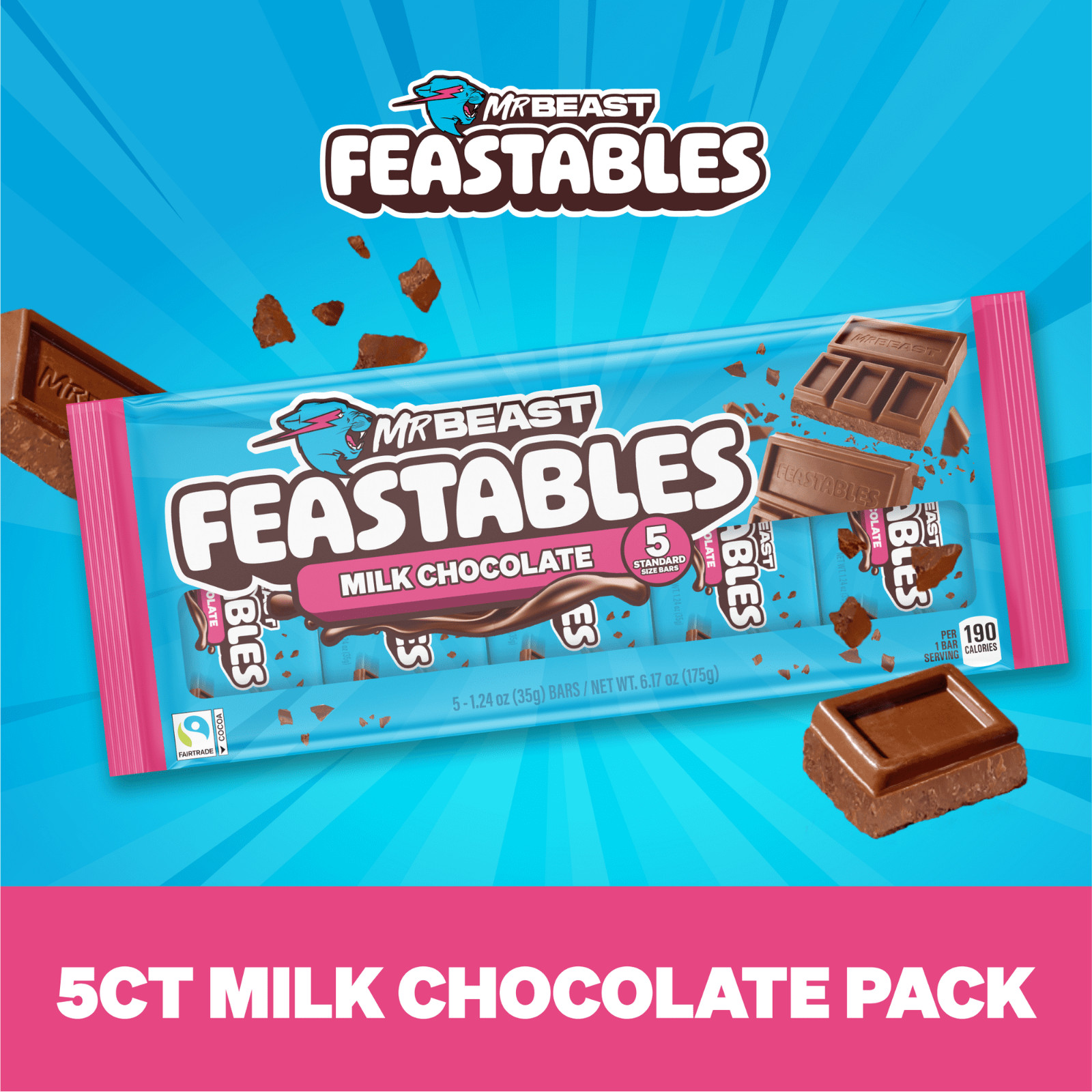 Feastables MrBeast Milk Chocolate Bars 5 Pack 1.24oz Each Candy Set