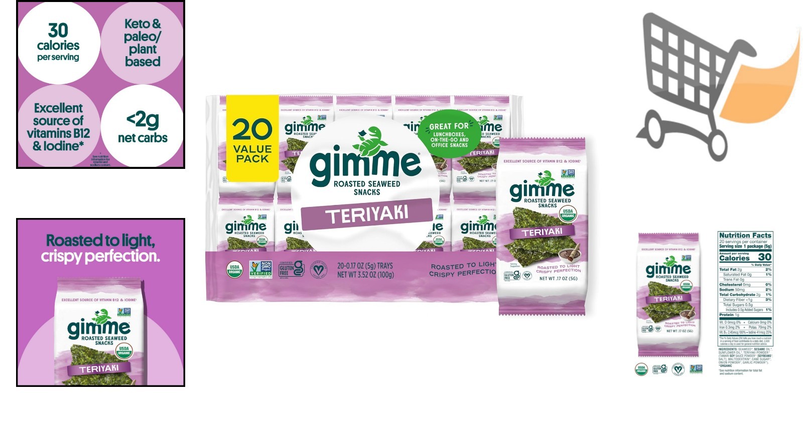 Organic Roasted Seaweed Snacks Teriyaki 20 Pack Keto Gluten-Free