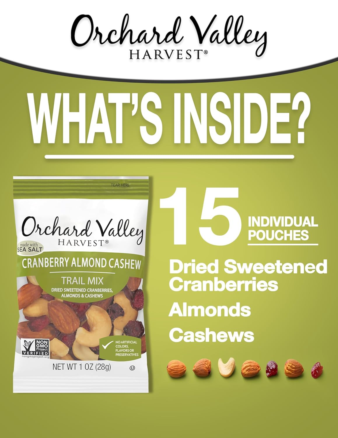 Cranberry Almond Cashew Trail Mix, 1 Ounce Bags (Pack of 15), Cranberries, Almon
