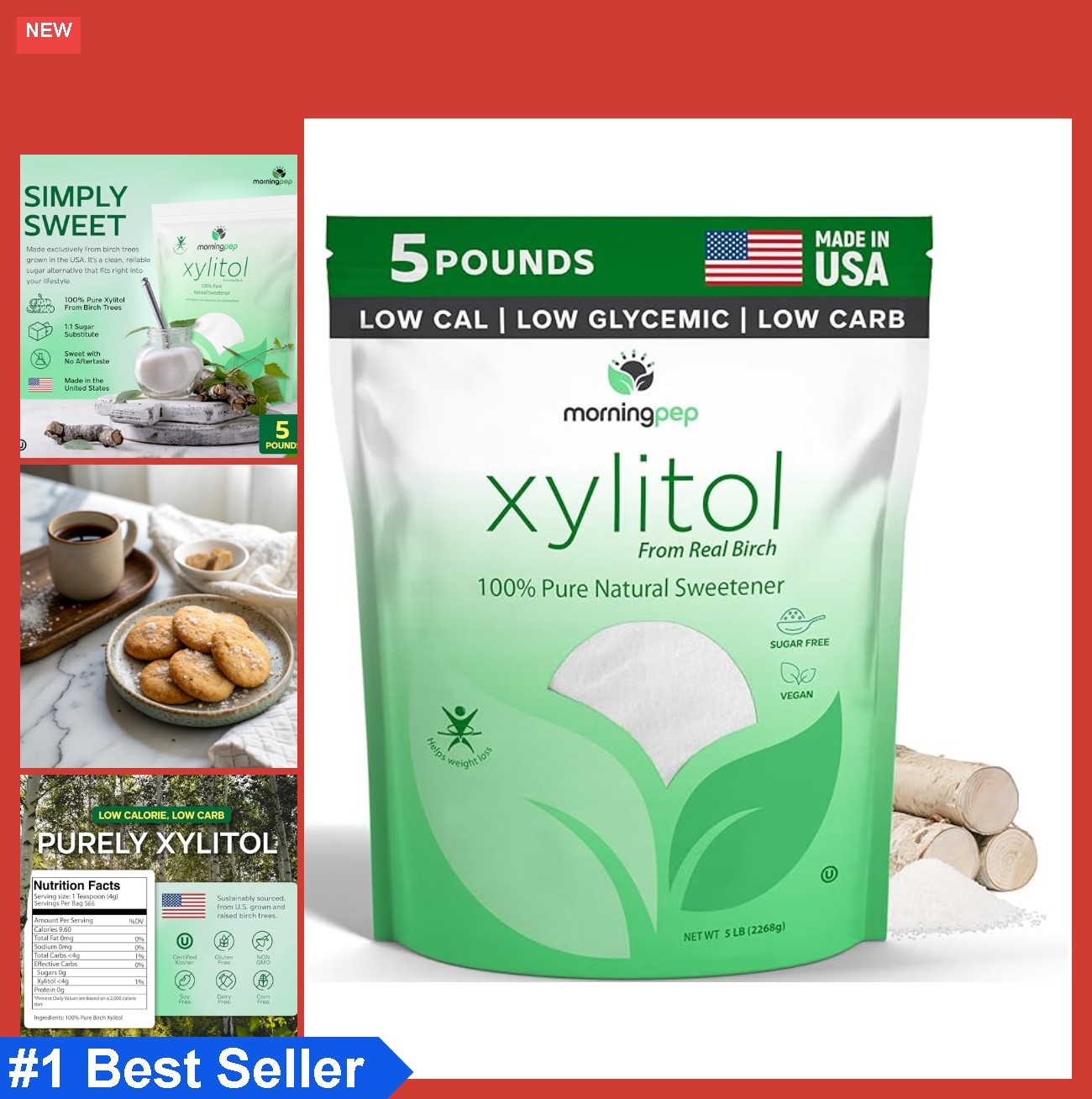 Birch Xylitol Sweetener 5 Lbs Non GMO Kosher Gluten Free Keto Diet Friendly