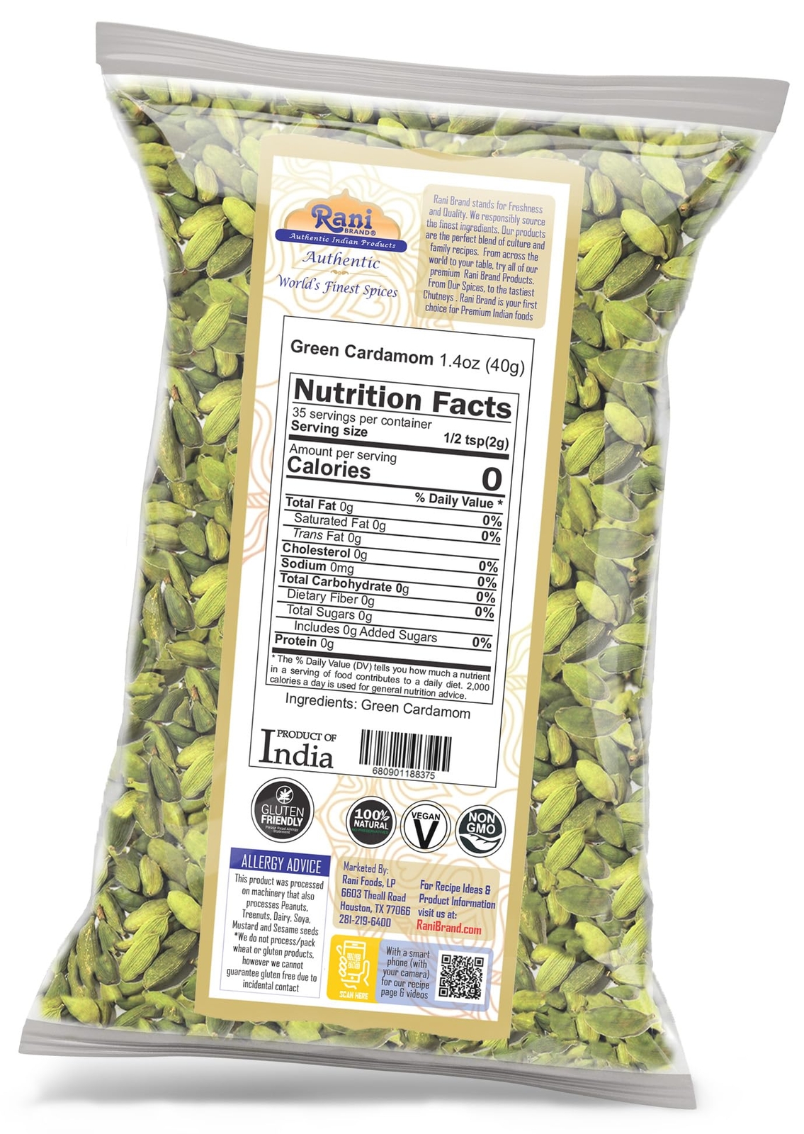 Rani Green Cardamom Pods Spice (Hari Elachi) 1.4oz (40g)