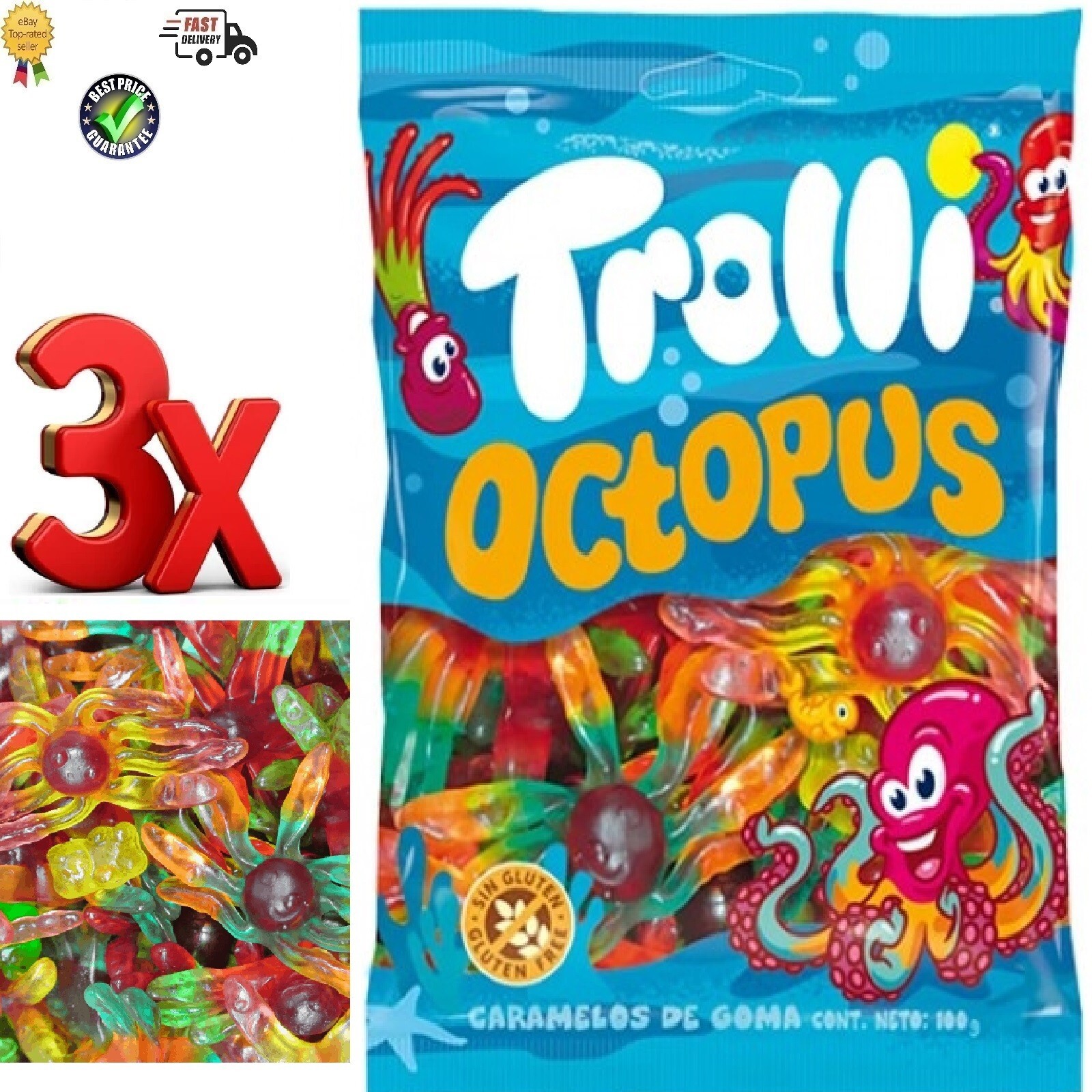 Trolli OCTOPUS Sweets Candy 3 x Bags Of 100gr / 3.53oz Each Bag
