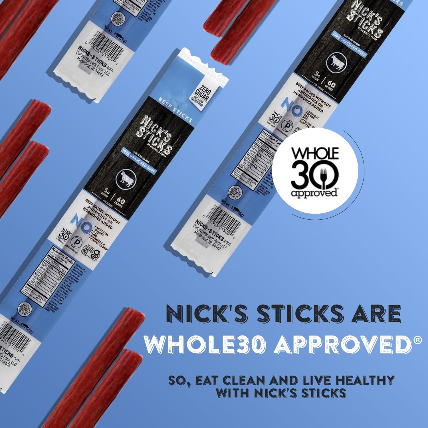 Nick’s Sticks Clean & Balanced 100% Grass-Fed Beef 1.7 Ounce (Pack of 6)