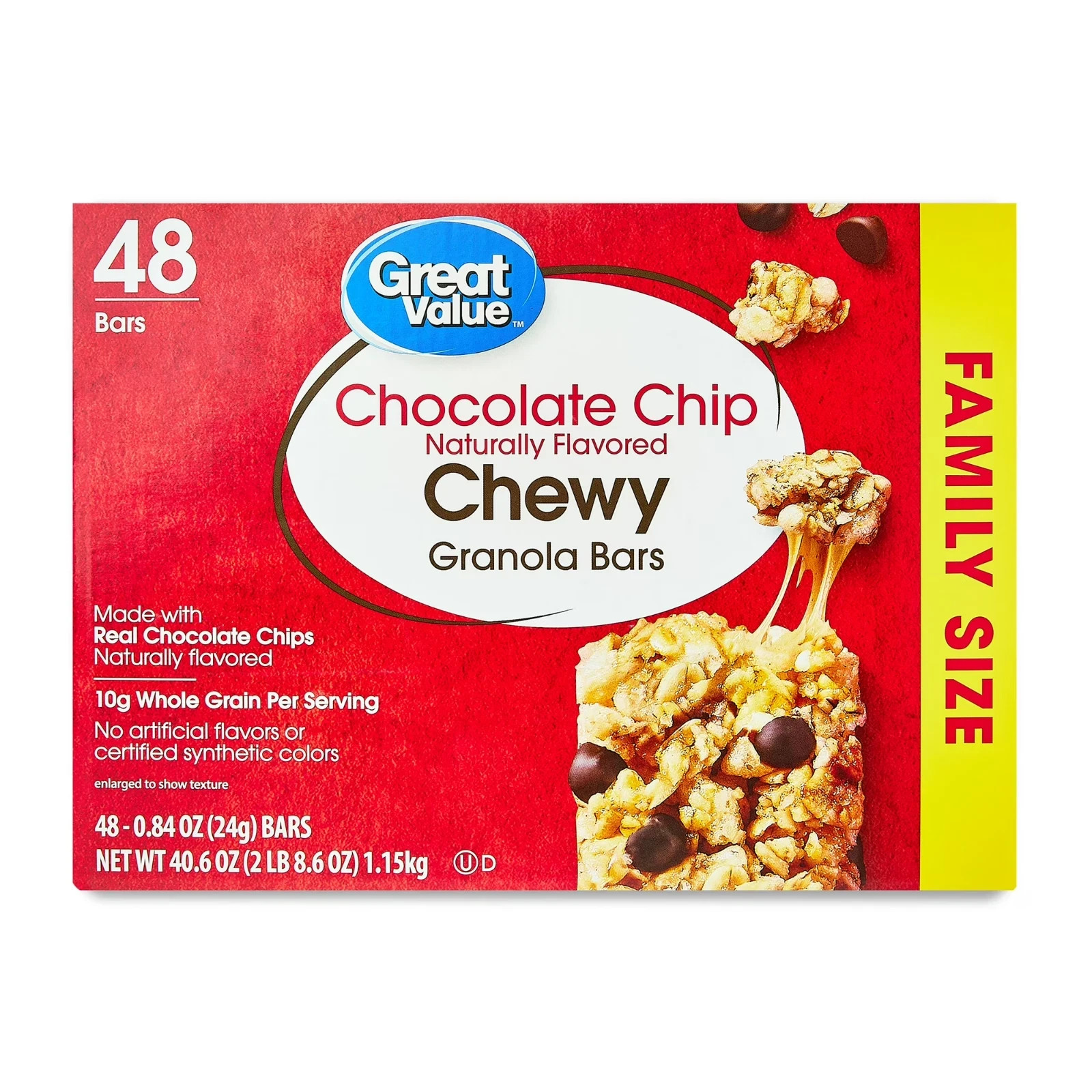 Great Value Chocolate Chip Chewy Granola Bars, Family Size, 0.84 oz Paper Box, 4