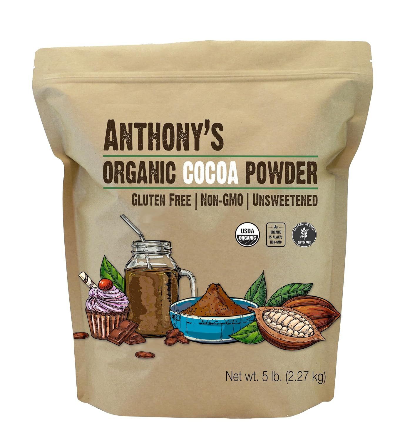 Anthony’S Organic Cocoa Powder, 5 Lb, Unsweetened, Gluten Free, Non GMO