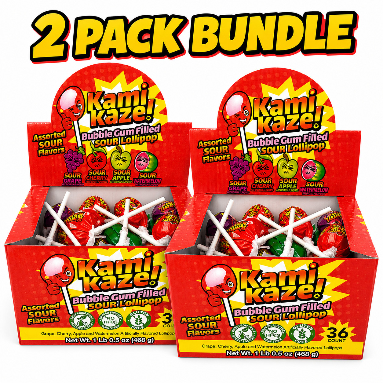 Kamikaze Sour Bubble Gum Lollipops 2-Pack 72 Ct Gluten Free No Artificial Colors